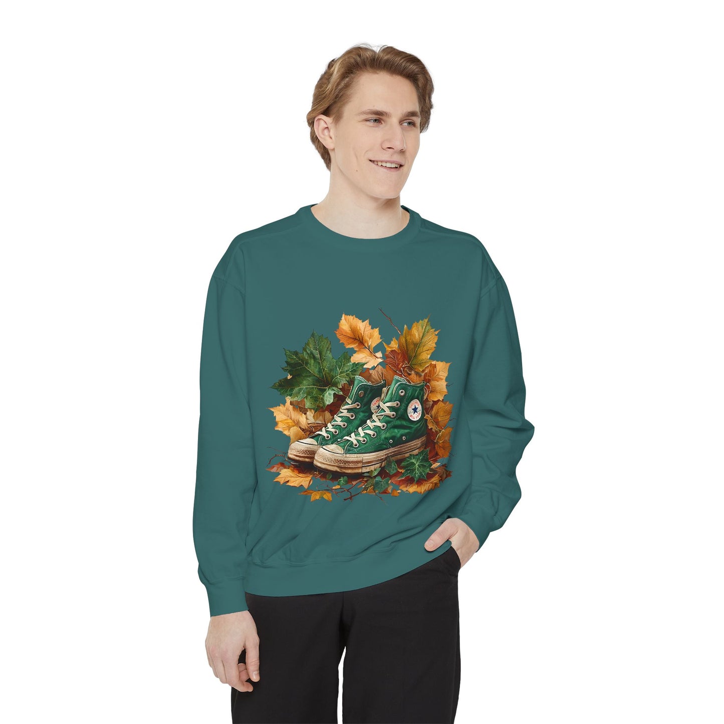 Autumn Leaves & Sneakers Sweatshirt - Unisex Garment-Dyed Cozy Apparel