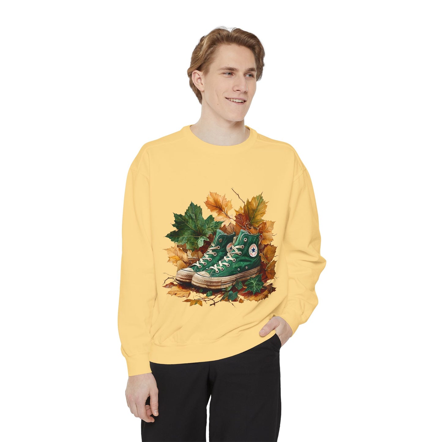Autumn Leaves & Sneakers Sweatshirt - Unisex Garment-Dyed Cozy Apparel