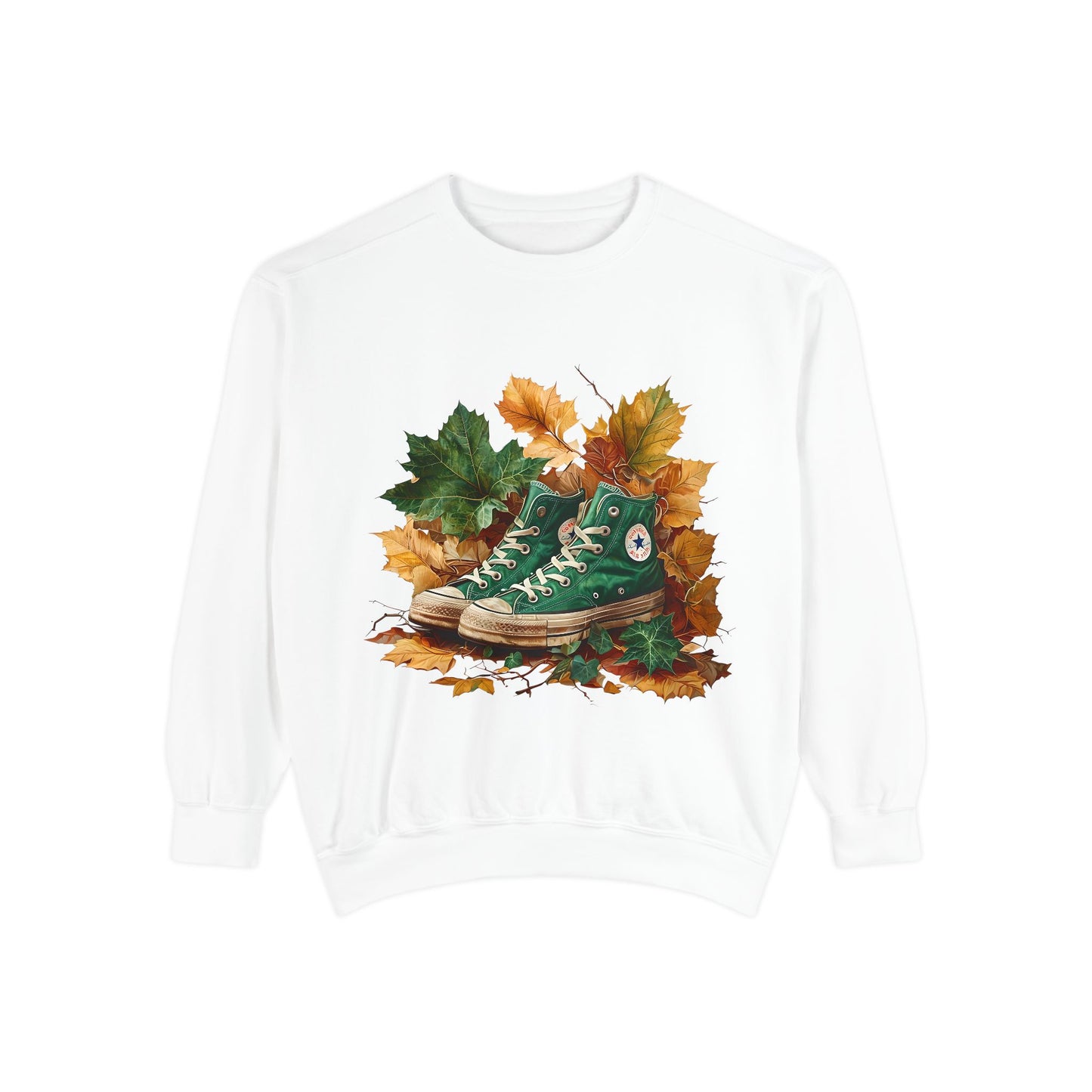 Autumn Leaves & Sneakers Sweatshirt - Unisex Garment-Dyed Cozy Apparel