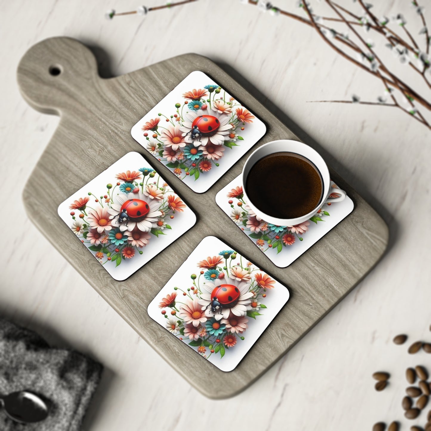 Floral Ladybug Coasters - Vibrant Nature-Inspired Drink Protectors for Home Decor