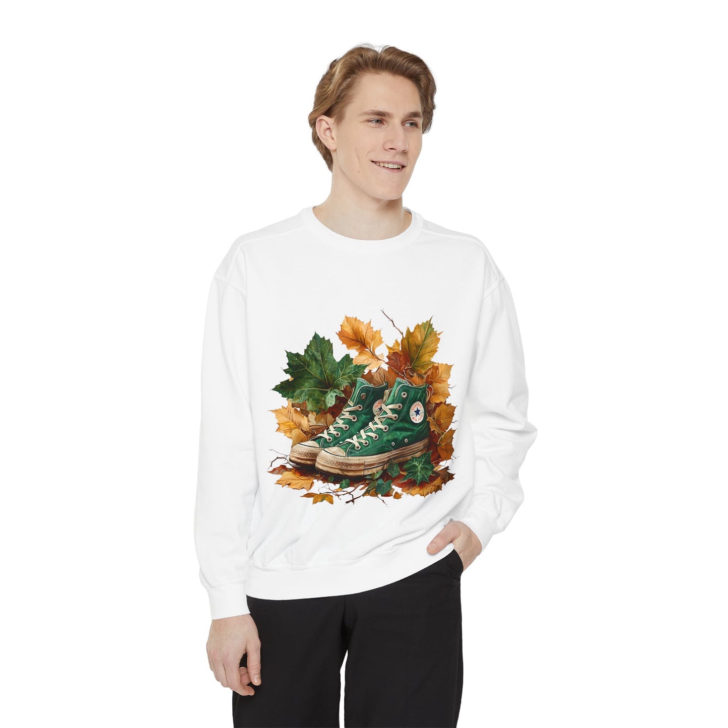 Autumn Leaves & Sneakers Sweatshirt - Unisex Garment-Dyed Cozy Apparel