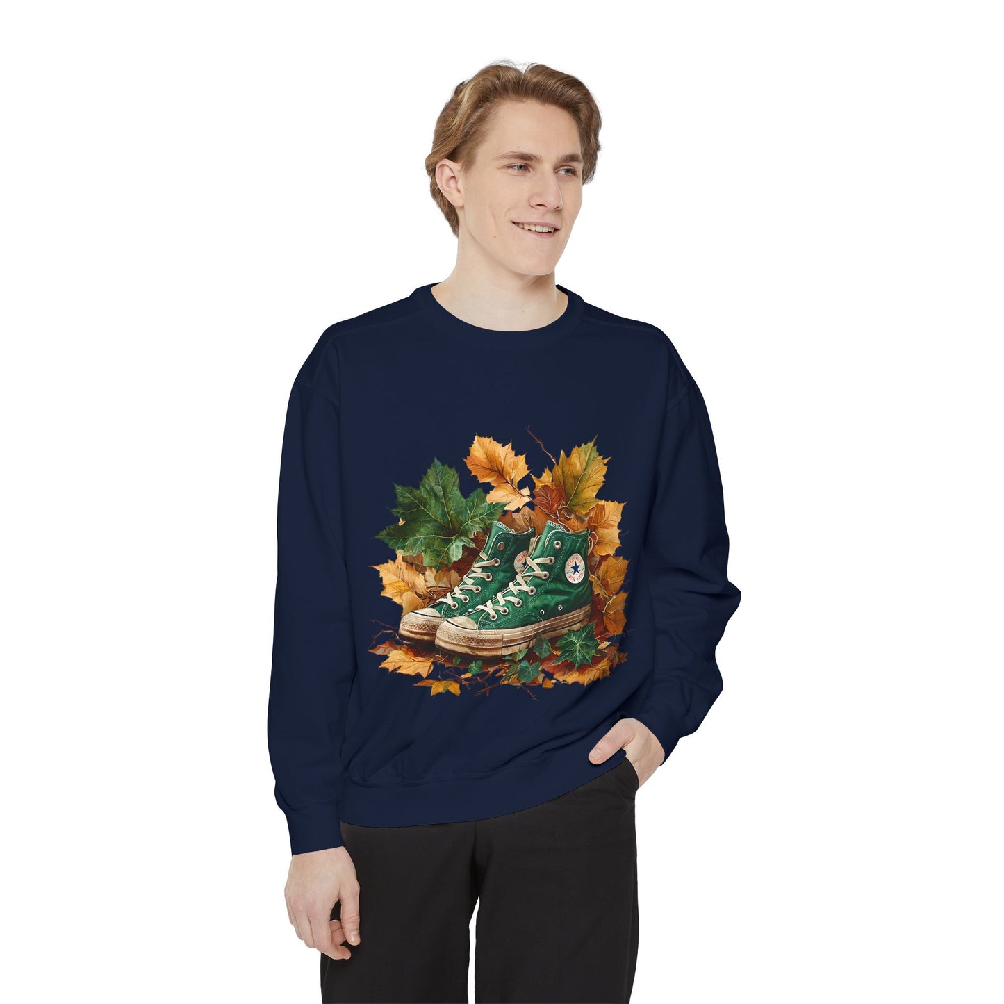 Autumn Leaves & Sneakers Sweatshirt - Unisex Garment-Dyed Cozy Apparel