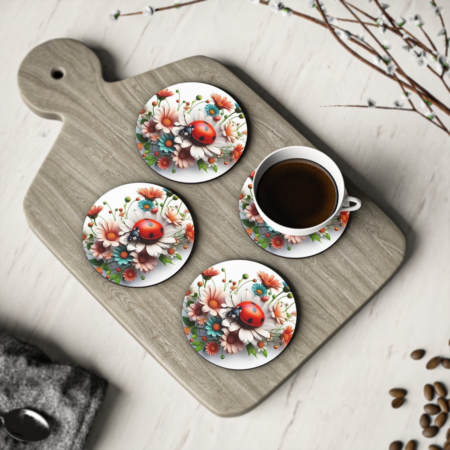 Floral Ladybug Coasters - Vibrant Nature-Inspired Drink Protectors for Home Decor