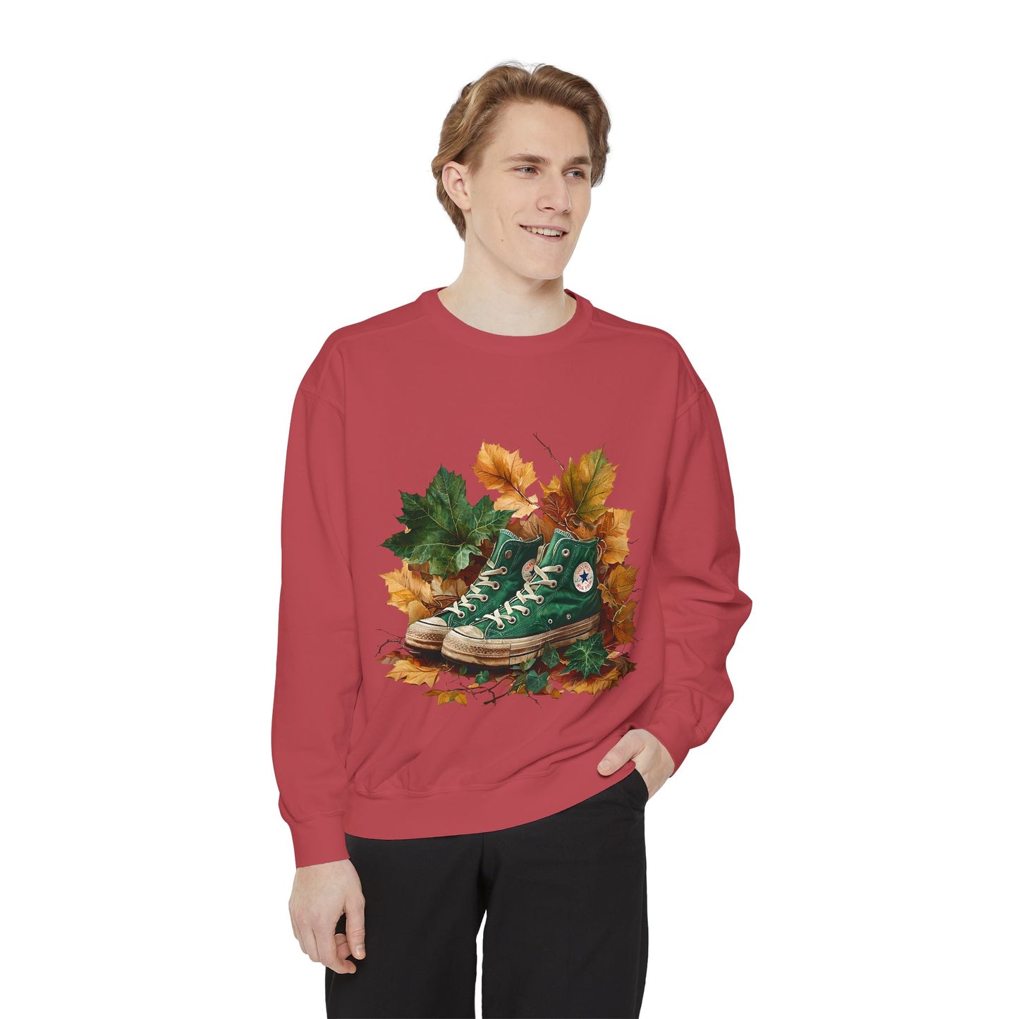 Autumn Leaves & Sneakers Sweatshirt - Unisex Garment-Dyed Cozy Apparel