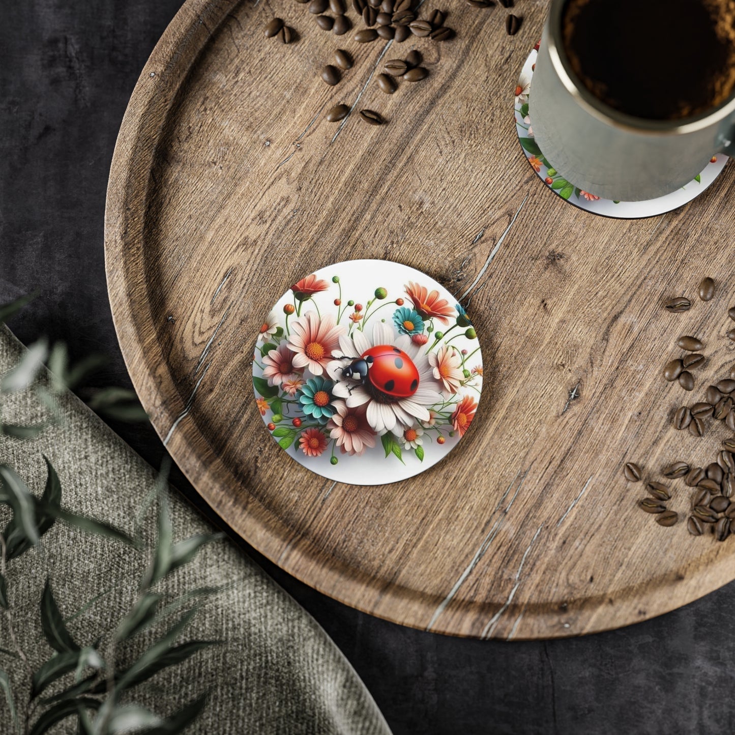 Floral Ladybug Coasters - Vibrant Nature-Inspired Drink Protectors for Home Decor
