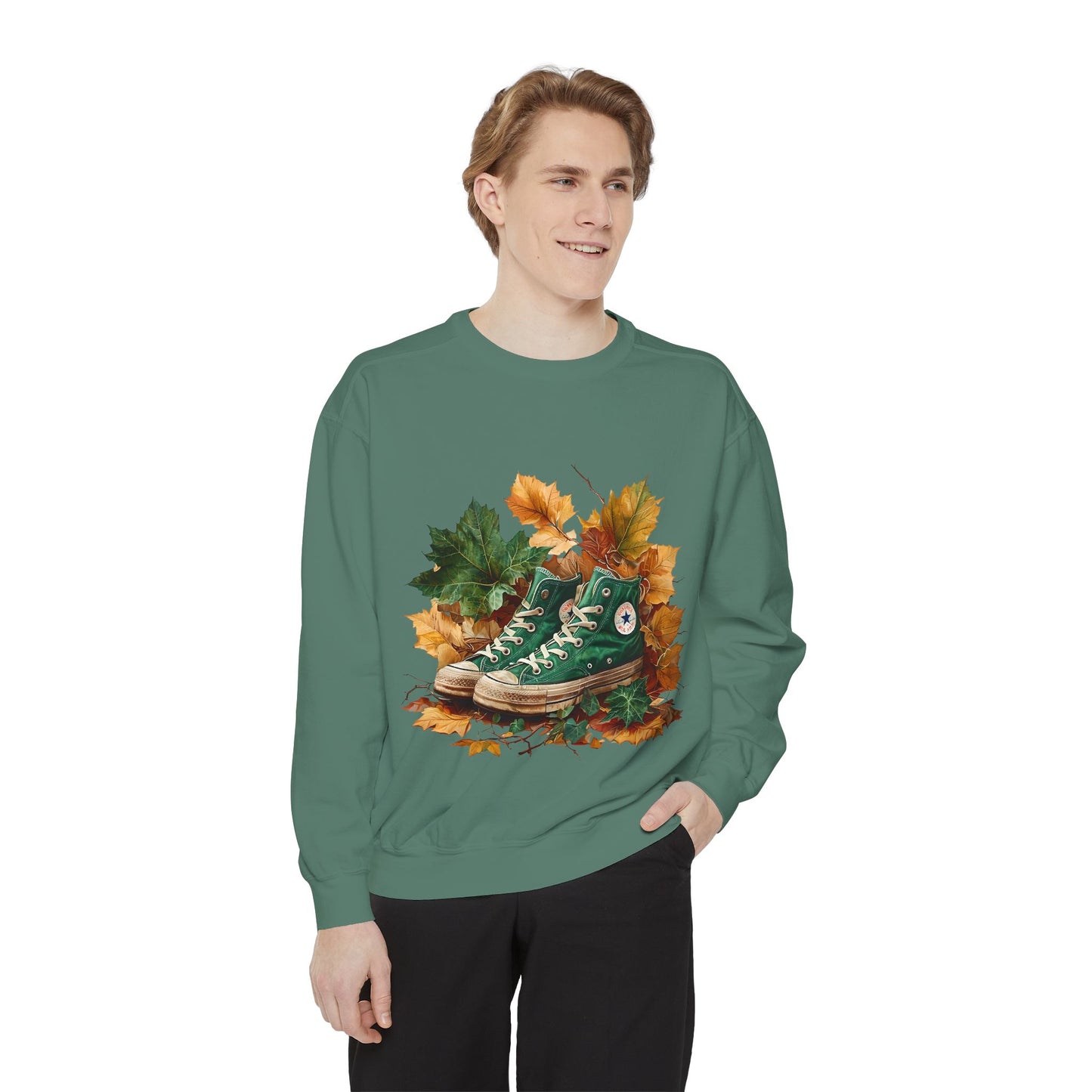 Autumn Leaves & Sneakers Sweatshirt - Unisex Garment-Dyed Cozy Apparel