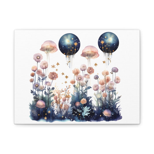 Whimsical Floral Canvas Art Print – Stargazing Jellyfish & Flowers Decor