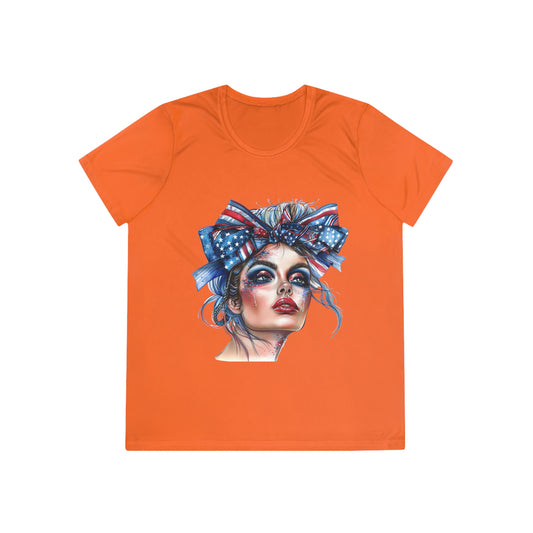 Patriotic Ladies Competitor Tee - USA Bow Graphic Top for Celebrations