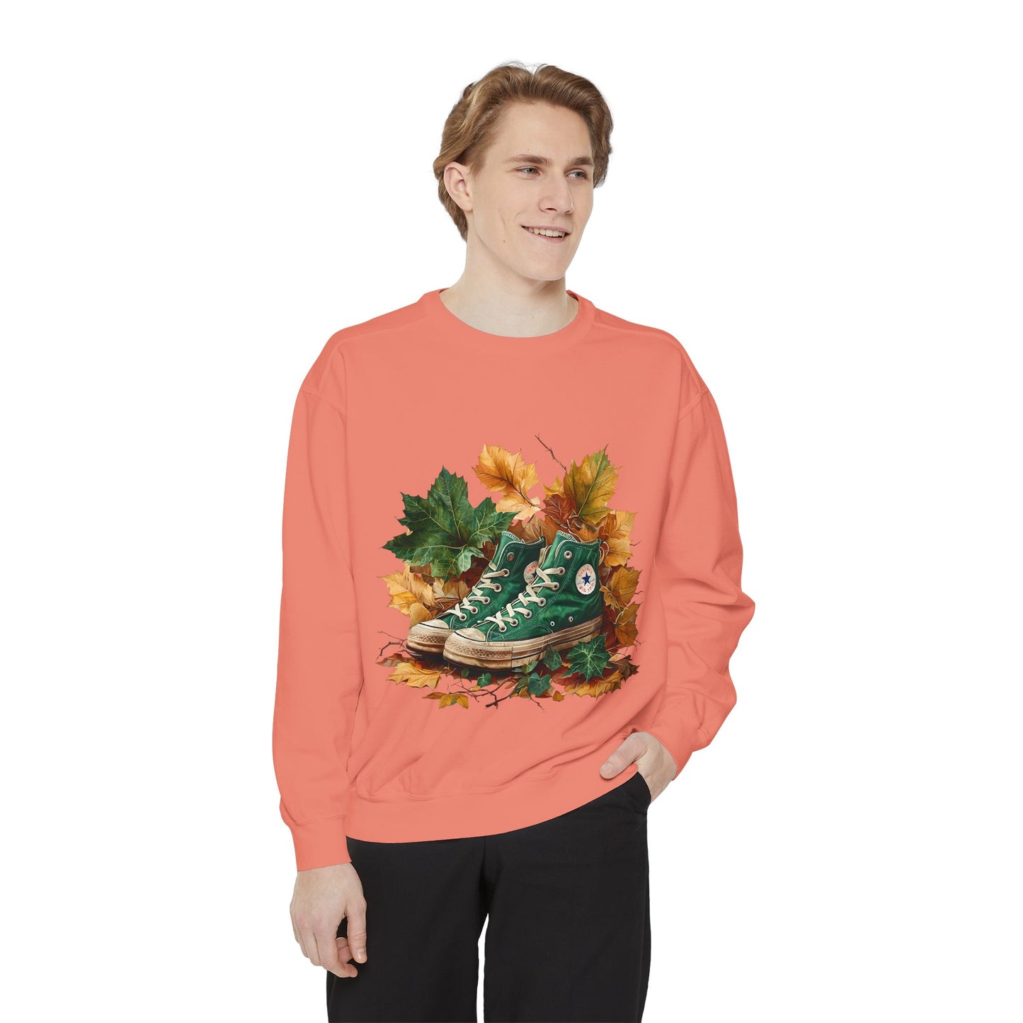 Autumn Leaves & Sneakers Sweatshirt - Unisex Garment-Dyed Cozy Apparel